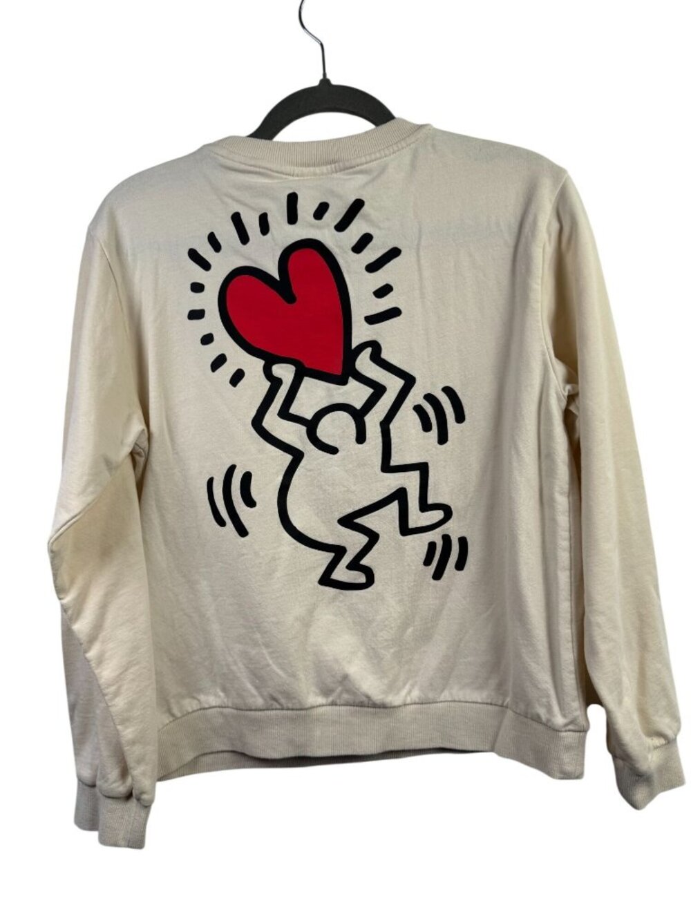 Keith Haring Love Graphic Sweatshirt Cream Small Heart Design Crewneck Valentine